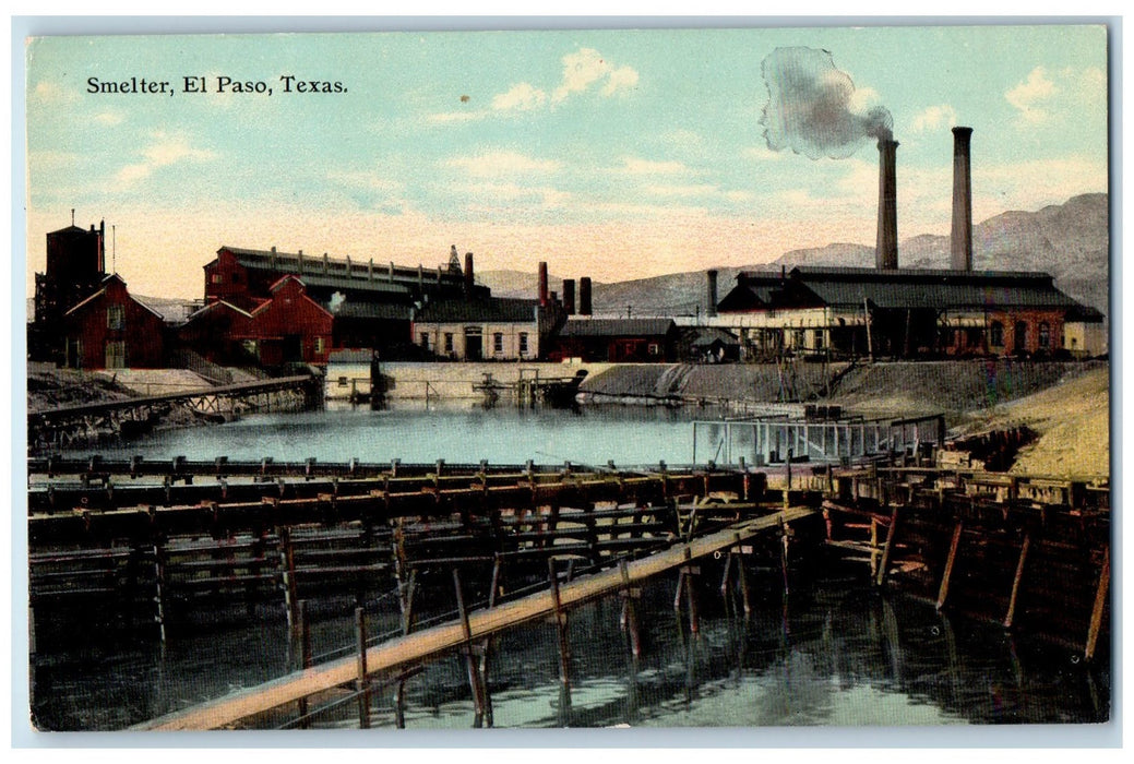 c1950 Smelter Pond Smokestacks Rustic Bridge Building El Paso Texas TX Postcard
