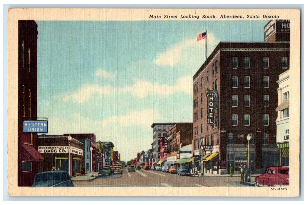 c1940 Main Street Establishments Classic Cars Aberdeen South Dakota SD Postcard