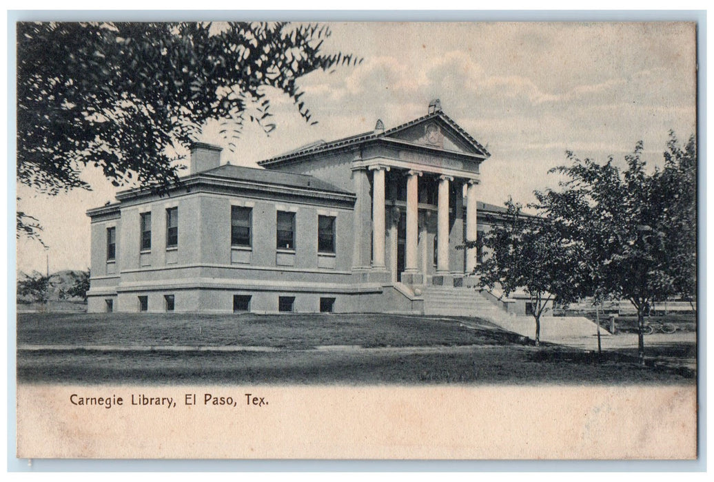 c1905 Carnegie Library Building View Stairs Entrance El Paso Texas TX Postcard
