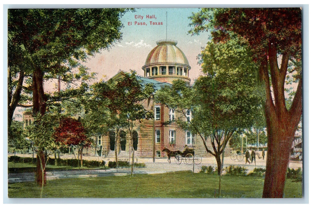c1940's City Hall Building View Horse Carriage People El Paso Texas TX Postcard