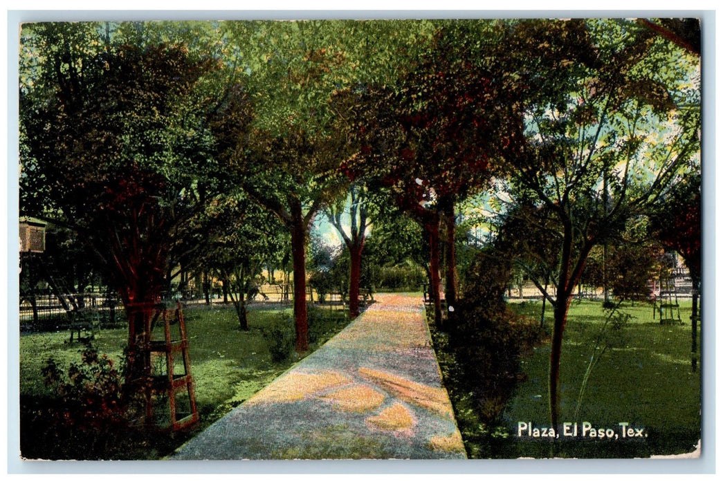1910 Plaza Park Pathways Ground Trees  Benches Road El Paso Texas TX Postcard