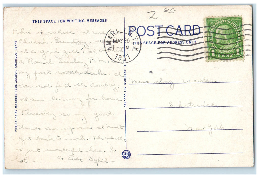 1931 Central Presbyterian Church Building Classic Car Amarillo Texas TX Postcard