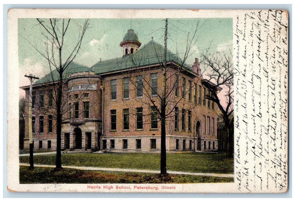 1906 Harris High School Exterior Scene Petersburg Illinois IL Posted Postcard