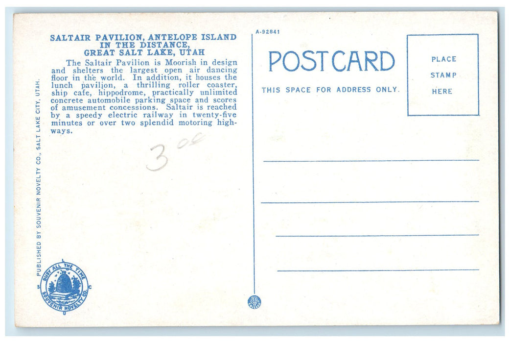 c1950 Saltair Pavilion Antelope Island Restaurant Great Salt Lake UT Postcard