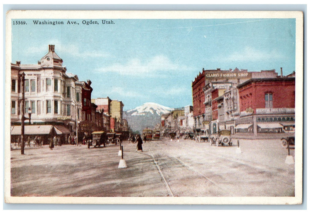 c1920 Washington Avenue Classic Cars Railway Train Building Ogden UT Postcard