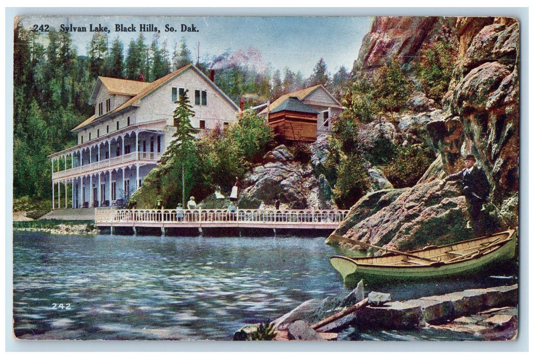 c1950 Sylvan Lake Park Boat Man Building Black Hills South Dakota SD Postcard