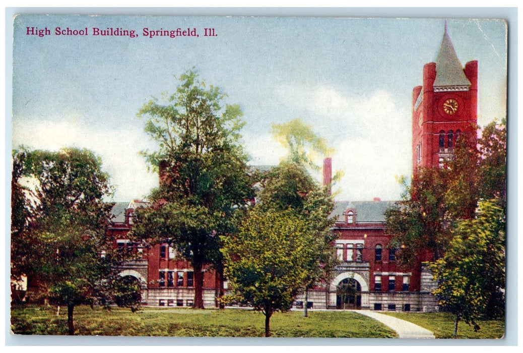 c1950's High School Campus Building Clock Tower Road Springfield IL Postcard