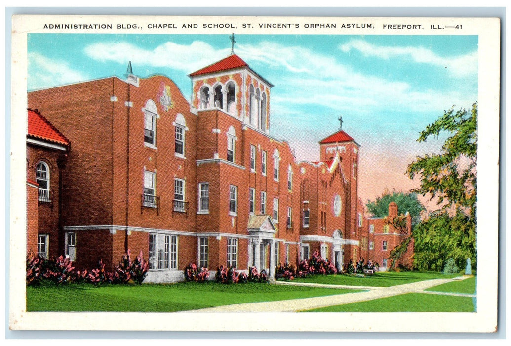c1940's Administration Bldg. St. Vincent's Orphan Asylum Freeport IL Postcard