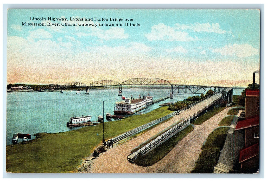 c1940s Lincoln Highway Lyons Fulton Bridge Over Mississippi River IL Postcard