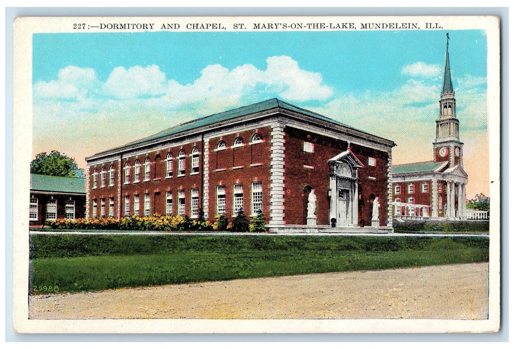 c1920s Dormitory And Chapel St Mary's On The Lake Mundelein Illinois IL Postcard