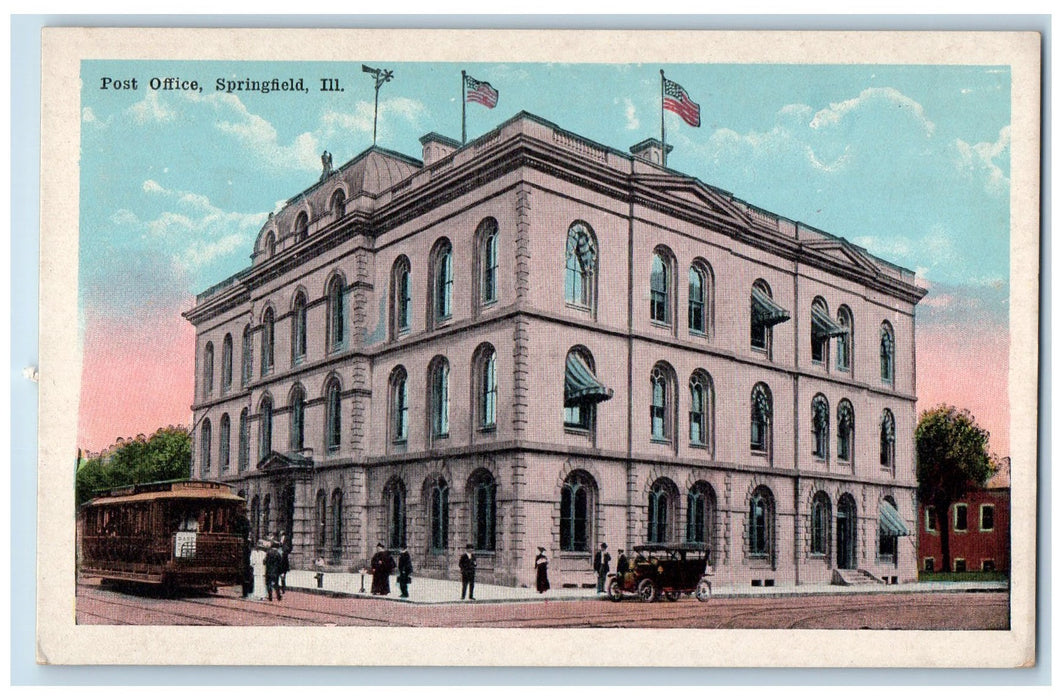 c1920 Post Office Building Tramway Railway Cars Springfield Illinois IL Postcard