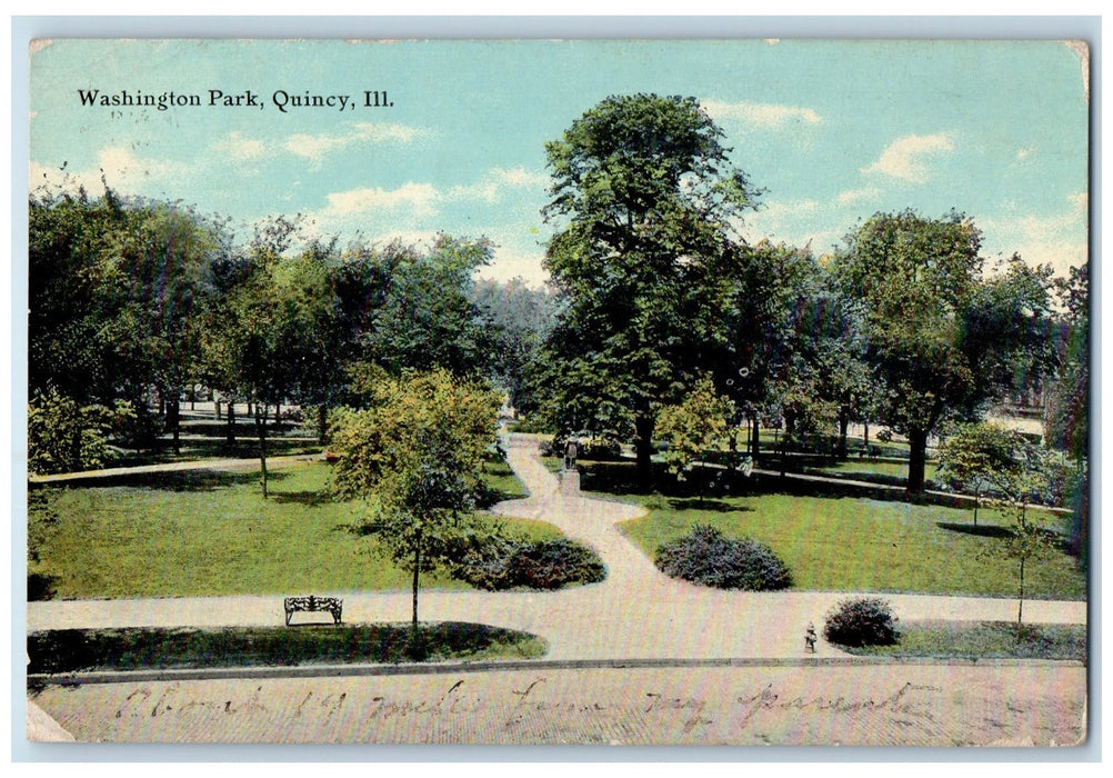 1912 Washington Park Benches Pathways Ground Trees Quincy Illinois IL Postcard