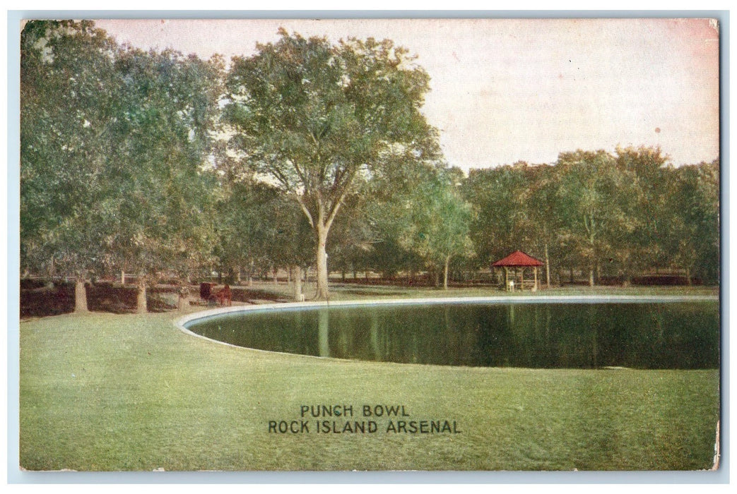1908 Punch Bowl Arsenal Rock Island Pond Shed Ground Trees Illinois IL Postcard