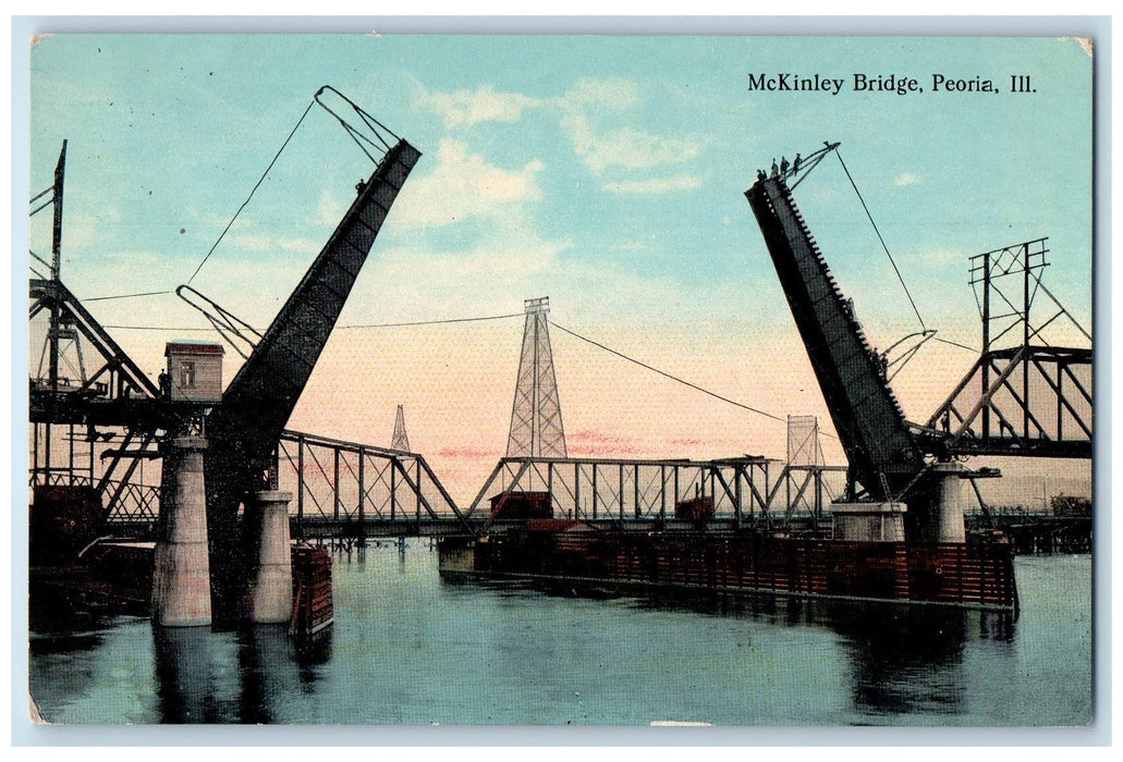 c1950's McKinley Bascule Bridge Truss Bridges Tower Peoria Illinois IL Postcard