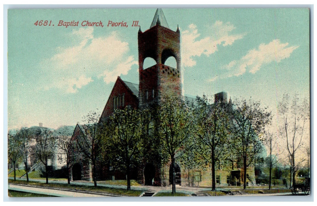 c1950 Baptist Church Building Tower Lined Trees View Peoria Illinois IL Postcard