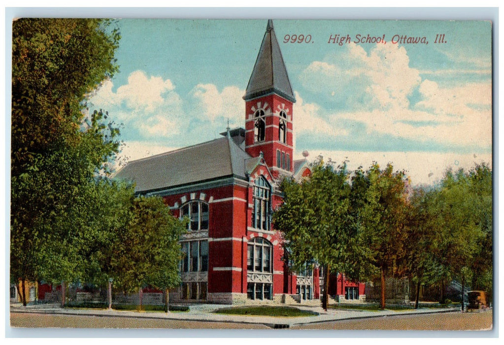 c1950's High School Campus Building Tower Roadside Ottawa Illinois IL Postcard