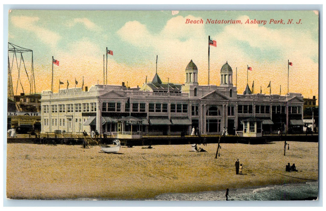 c1950's Beach Natatorium Resort Seaside Building Flags Asbury Park NJ Postcard