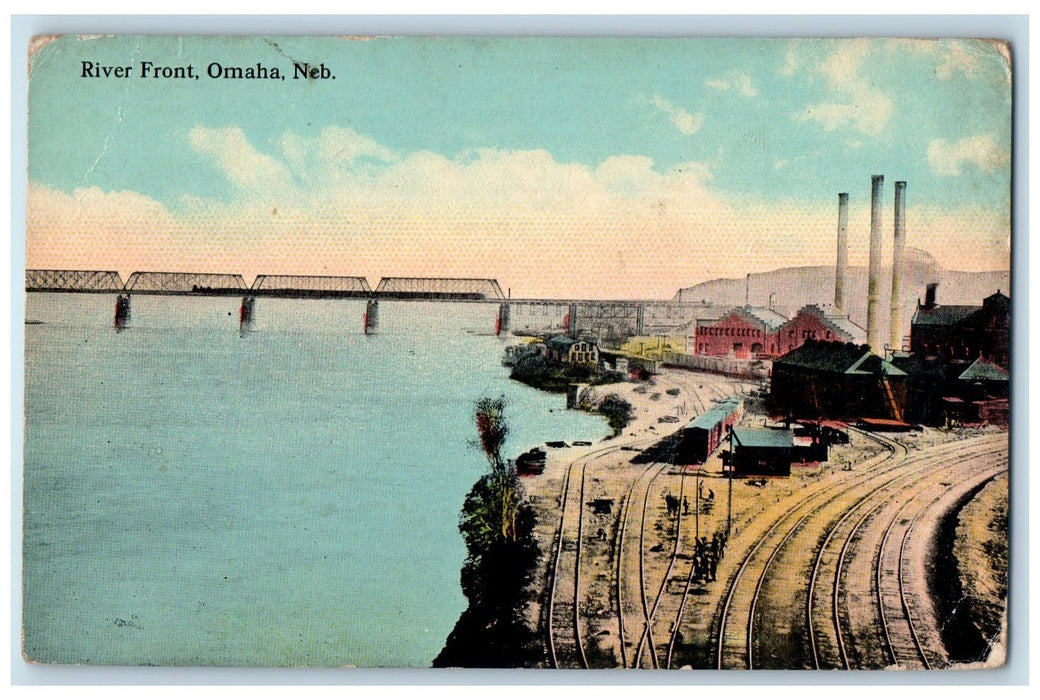 c1950's River Front Truss Bridge Railway Buildings Omaha Nebraska NE Postcard