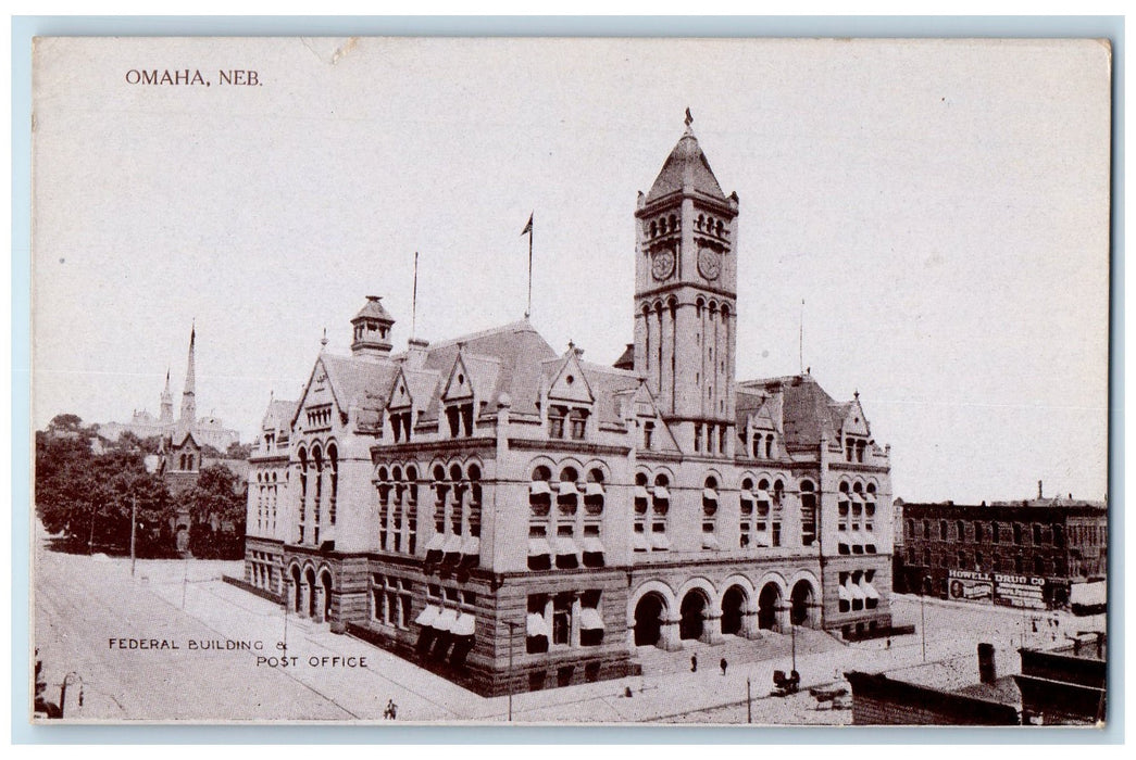 c1950's Federal Building Post Office Building Clock Tower View Omaha NE Postcard