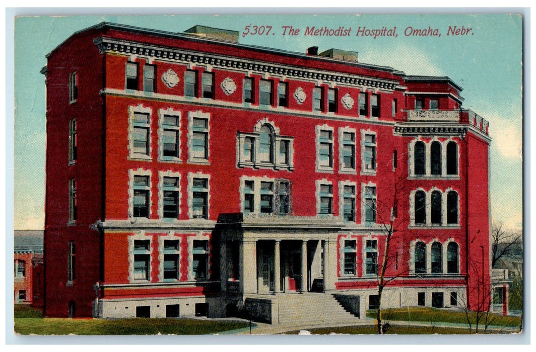 1912 Methodist Hospital Building Stairs Entrance Omaha Nebraska NE Postcard