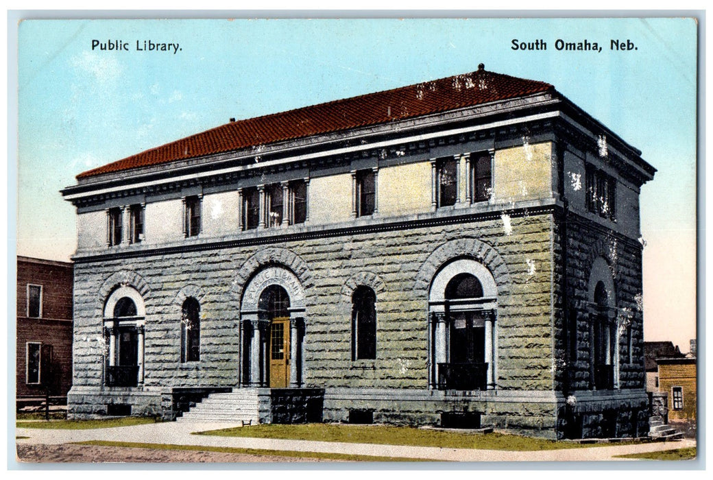 c1950 Public Library Building Stairs Dirt Road South Omaha Nebraska NE Postcard