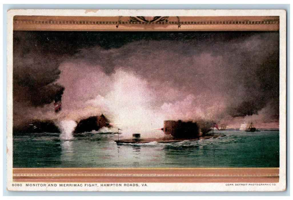 c1920s Monitor And Merrimac Fight Hampton Roads Virginia VA Unposted Postcard