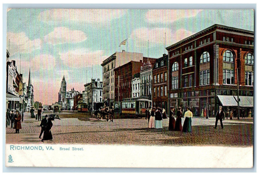 c1920s Broad Street Trolleys Scene Richmond Virginia VA Unposted People Postcard