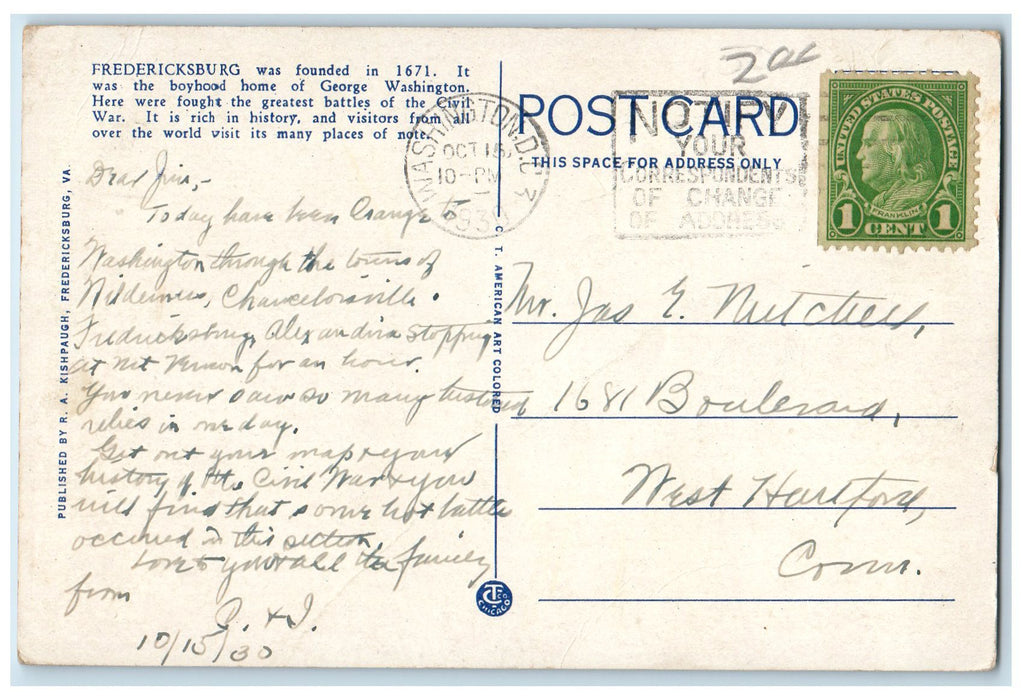 1930 From An Airplane Scene Fredericksburg Virginia VA Posted Vintage Postcard