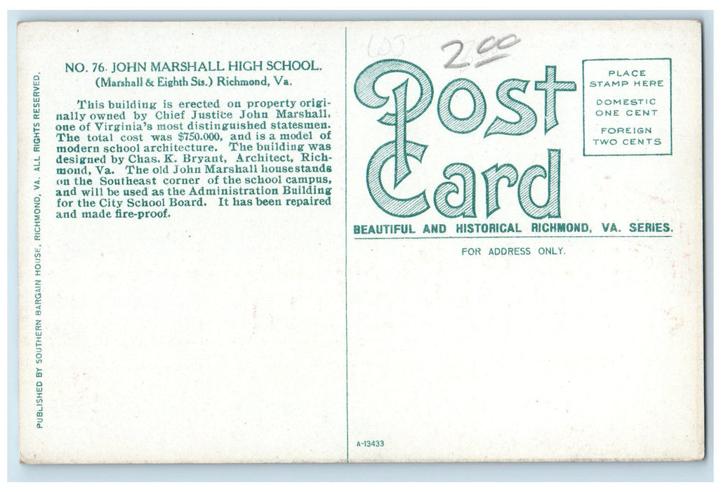 c1940s John Marshall High School Marshall And Eight Streets Richmond VA Postcard