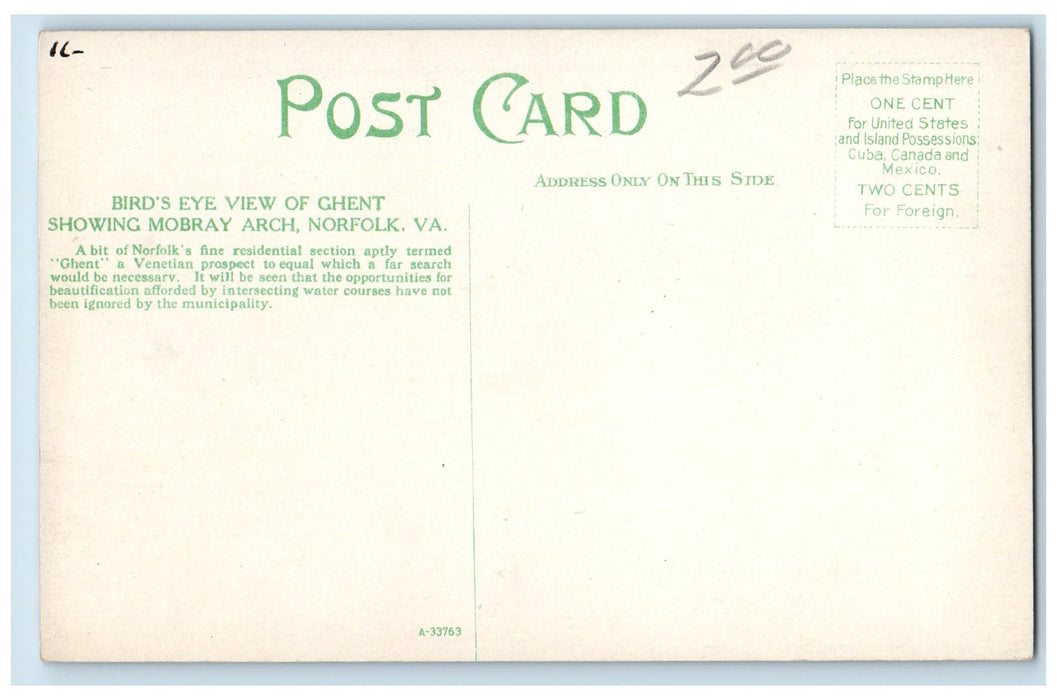 c1940s Bird's Eye View Of Ghent Showing Mobray Arch Norfolk VA Unposted Postcard