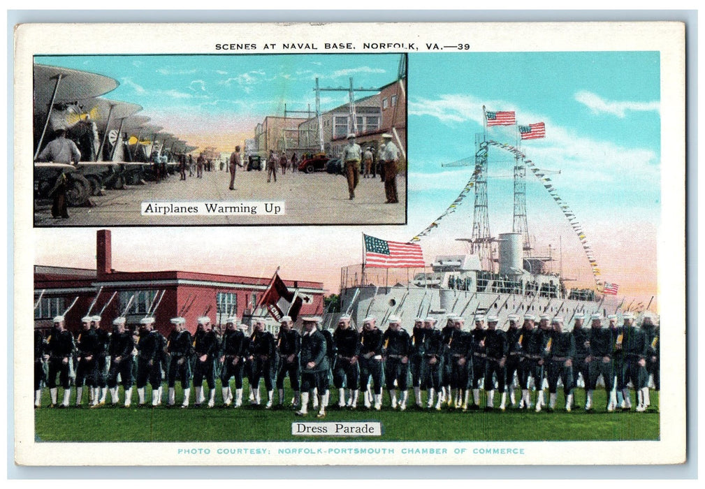 c1940s Scenes At Naval Base Dress Parade Airplane Warming Up Norfolk VA Postcard
