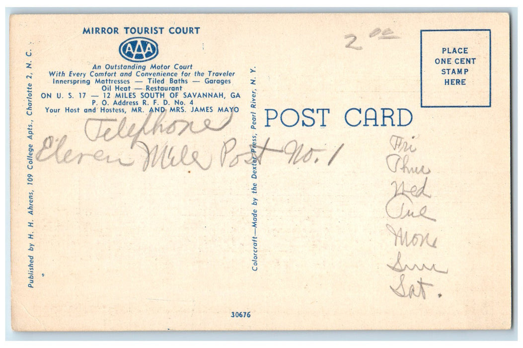 c1940s Mirror Tourist Court Restaurant Interior Savannah Georgia GA Postcard