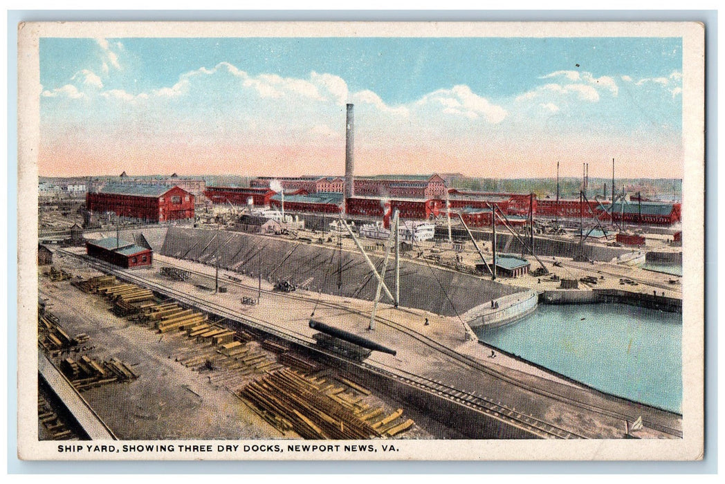 c1920s Ship Yard Showing Three Dry Docks Scene Newport News Virginia VA Postcard