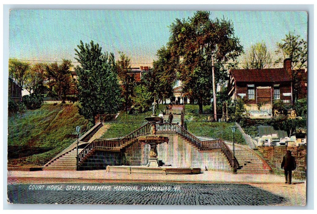 c1920s Court House Steps & Firemens Memorial View Lynchburg Virginia VA Postcard