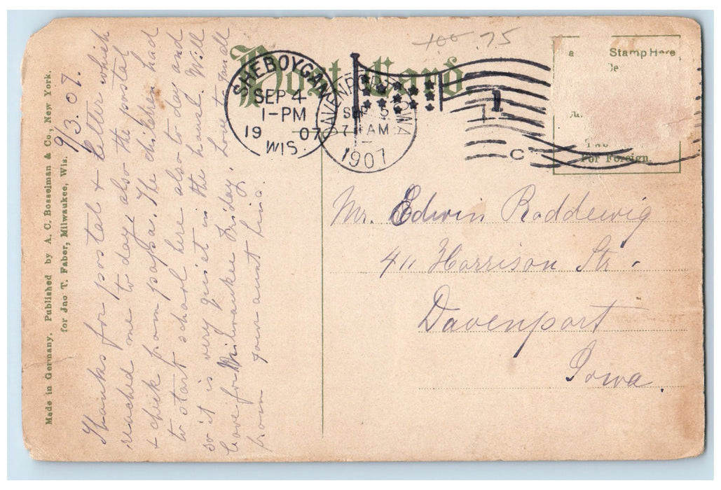 1907 Main Street South From New York Ave. Sheboygan Wisconsin WI Posted Postcard