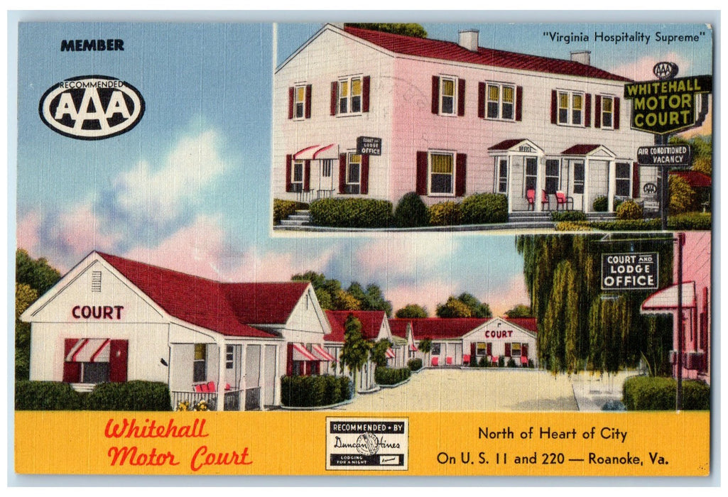 1955 Whitehall Motor Court Exterior Roadside Roanoke Virginia VA Posted Postcard