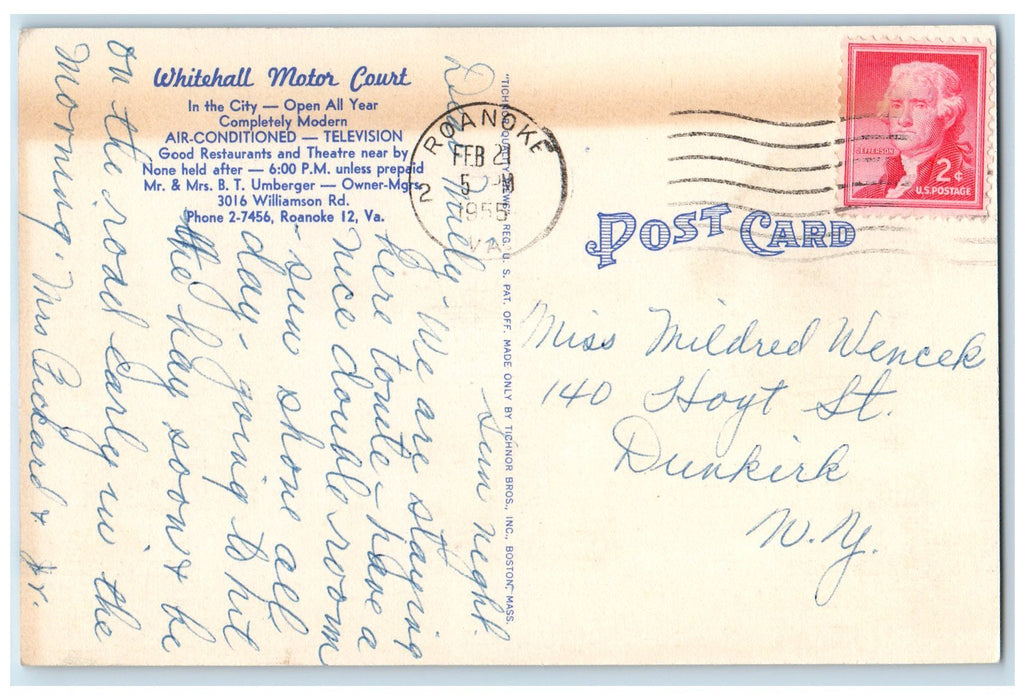 1955 Whitehall Motor Court Exterior Roadside Roanoke Virginia VA Posted Postcard