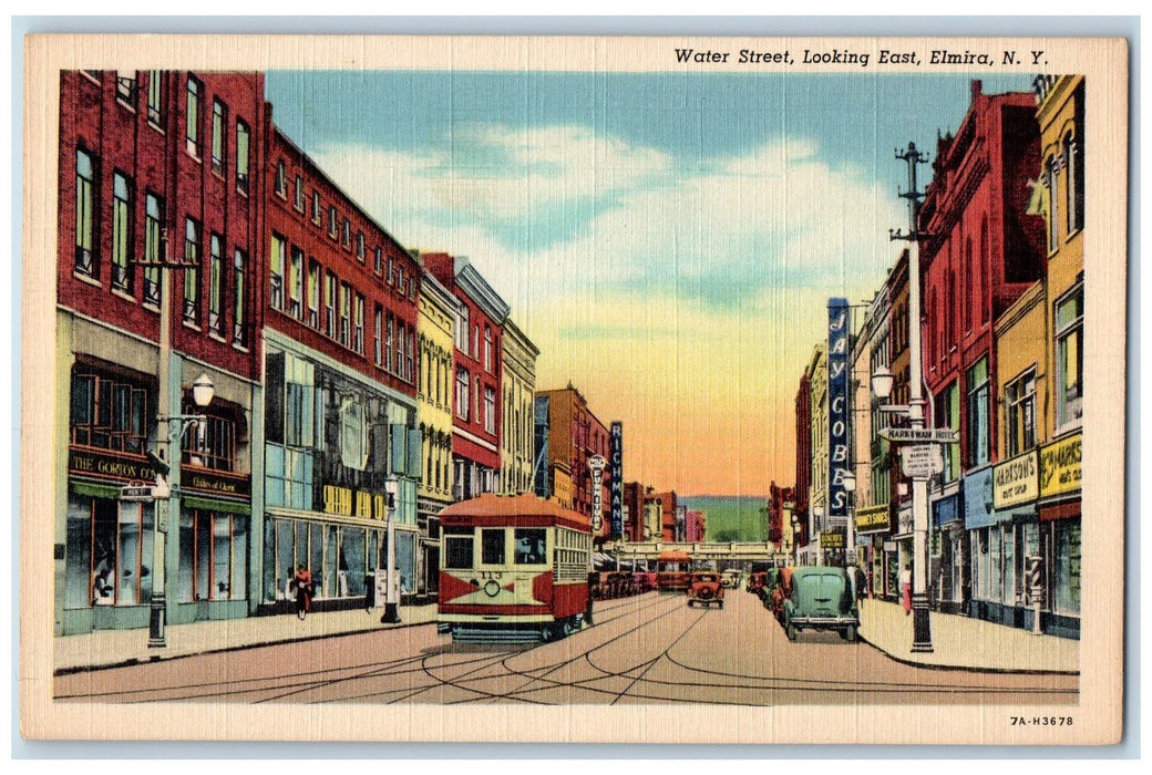 c1940s Water Street Cars Scene Looking East Elmira New York NY Unposted Postcard