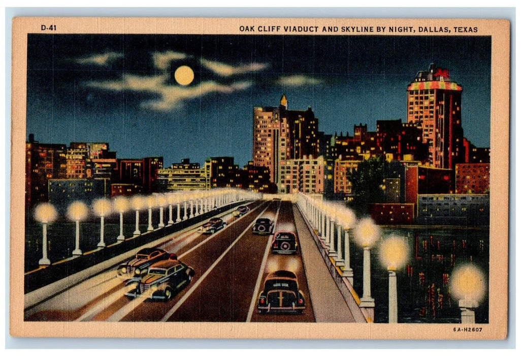 1938 Oak Cliff Viaduct And Skyline By Night View Dallas Texas TX Posted Postcard