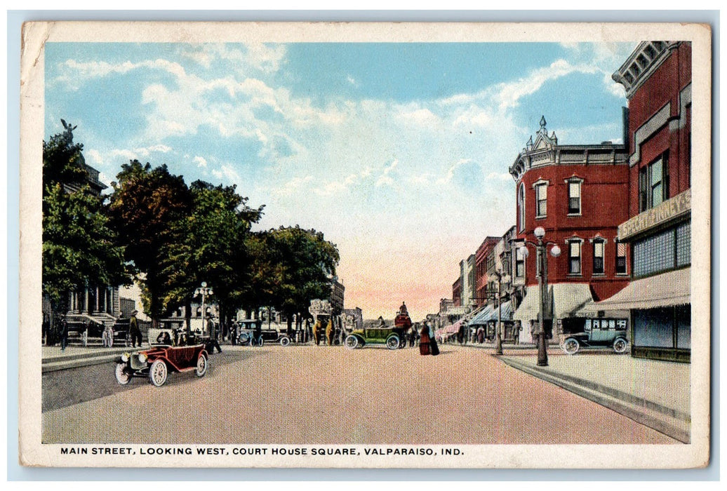 c1960s Main Street Looking West Court House Square Valparaiso IN Shops Postcard