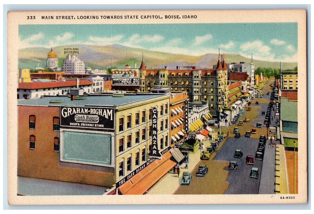 c1940's Main Street Looking Towards State Capitol Boise Idaho ID Bazar Postcard