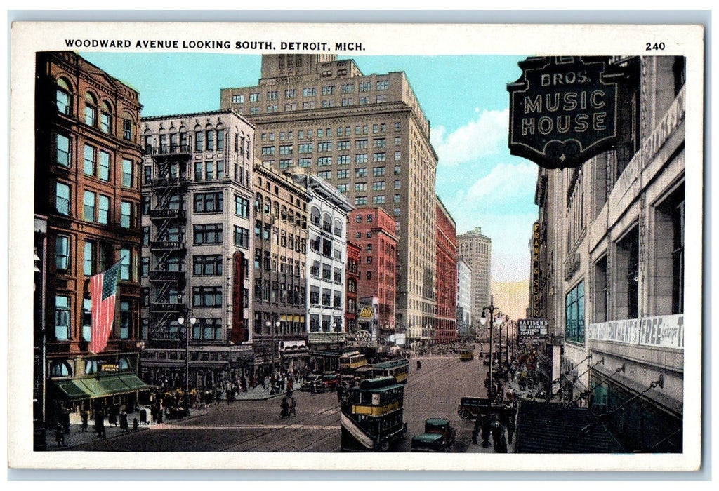 c1920's Woodward Avenue Looking South Detroit Michigan MI Unposted Shop Postcard