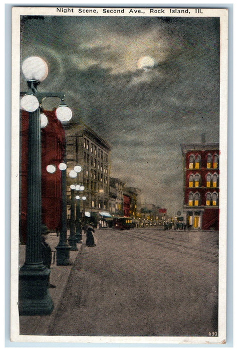 c1940's Night Scene Second Avenue Rock Island Illinois IL Unposted Moon Postcard