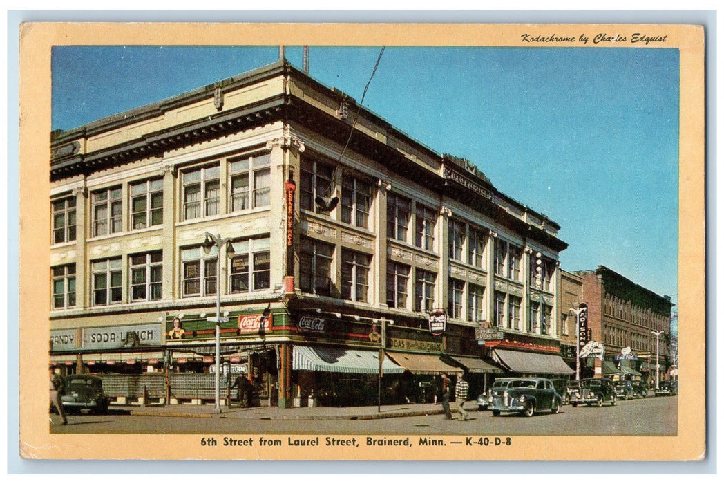 c1940's 6th Street From Laurel Brainerd Minnesota MN Unposted Coca-Cola Postcard