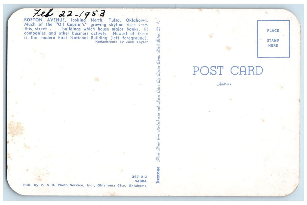 1953 Boston Avenue Looking North Tulsa Oklahoma Oil Capital MA Unposted Postcard