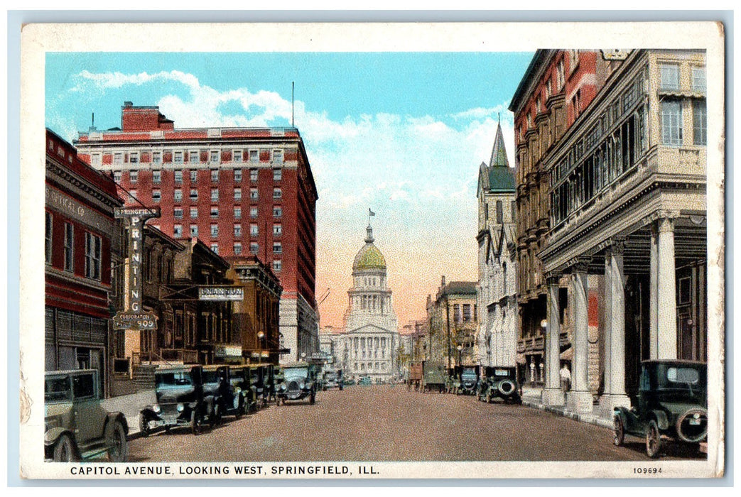 c1940s Capitol Avenue Looking West Springfield IL Unposted Vintage Cars Postcard
