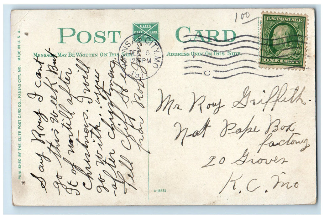 1911 Eleventh Looking West By Night Hotel Kupper Kansas City MO Posted Postcard