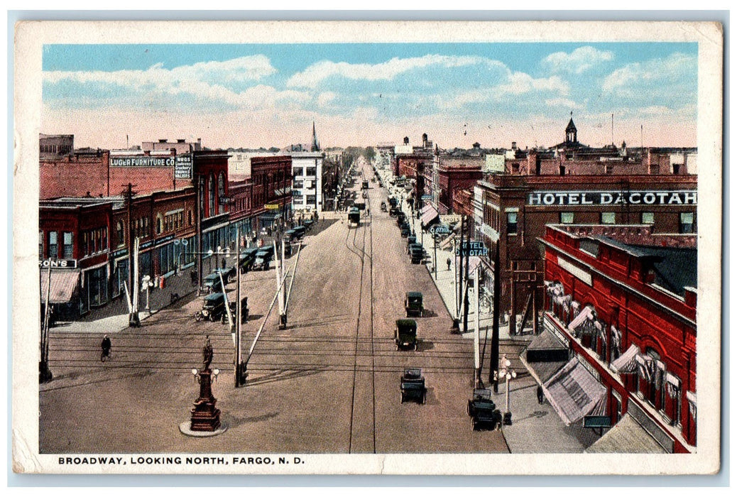 1917 Broadway Looking North Hotel Dacotah Fargo North Dakota ND Posted Postcard