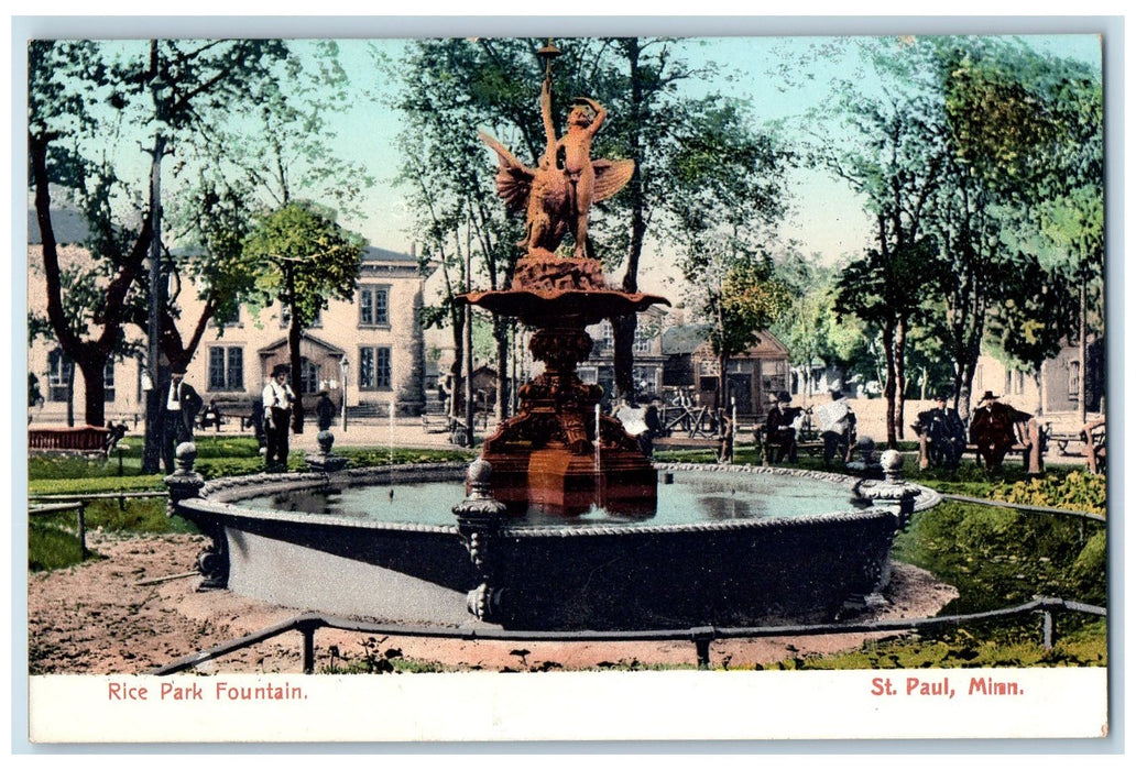 c1905 Rice Park Fountain Statue People Trees View St. Paul Minnesota MN Postcard