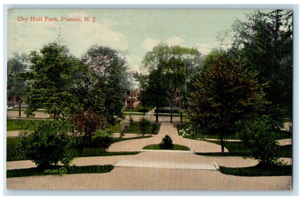 c1950's City Hall Park Landscape Pathways Trees Passaic New Jersey NJ Postcard
